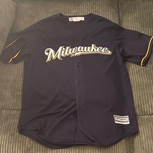 Majestic Milwaukee Navy Jersey with Yellow Trim